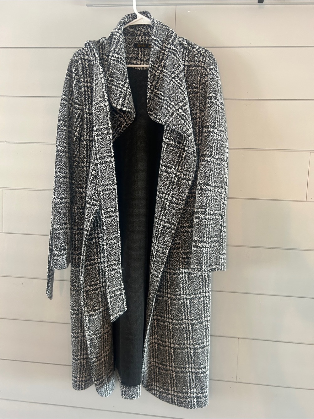 Woven Plaid Open Front Long Coat - Black/White